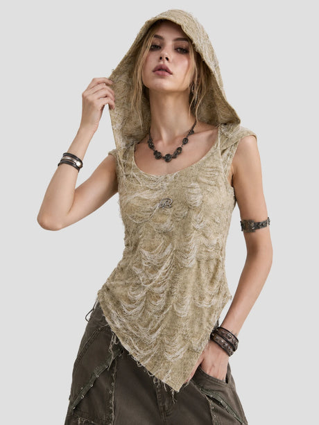 None Unit Dune Veil Shredded Hood Top in moss green hood view