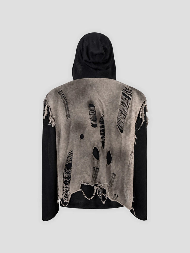 None Unit Dust Veil Shredded Layered Knit Hoodie in taupe model side detail view