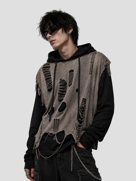 None Unit Dust Veil Shredded Layered Knit Hoodie in taupe model front angle view