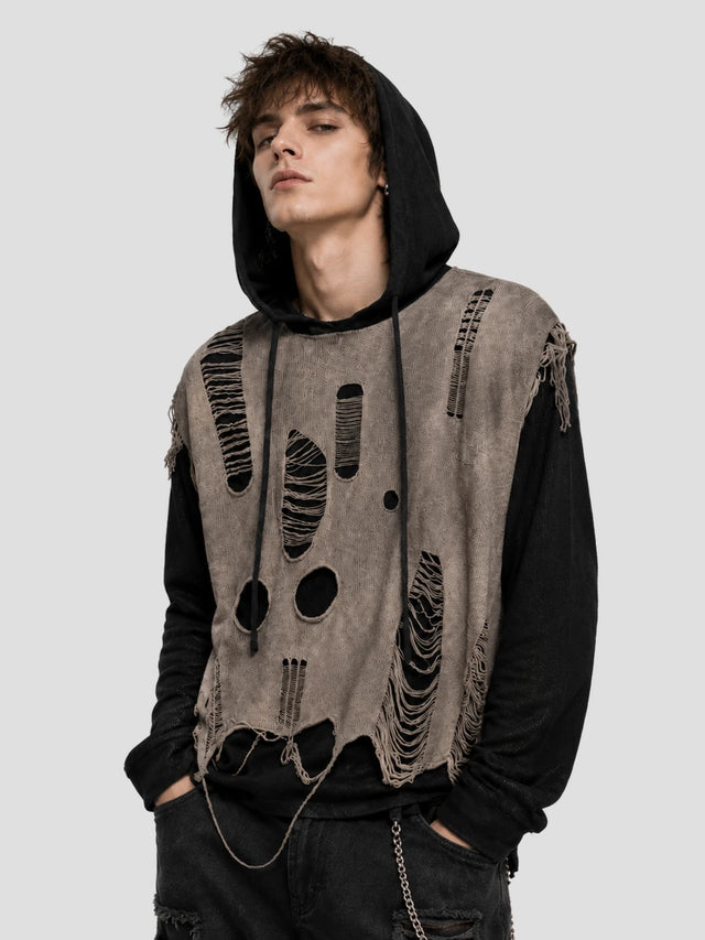 None Unit Dust Veil Shredded Layered Knit Hoodie in taupe model front view