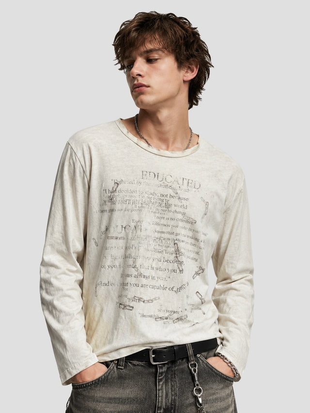 None Unit Educated Washed Long-Sleeve Tee in washed white model front view
