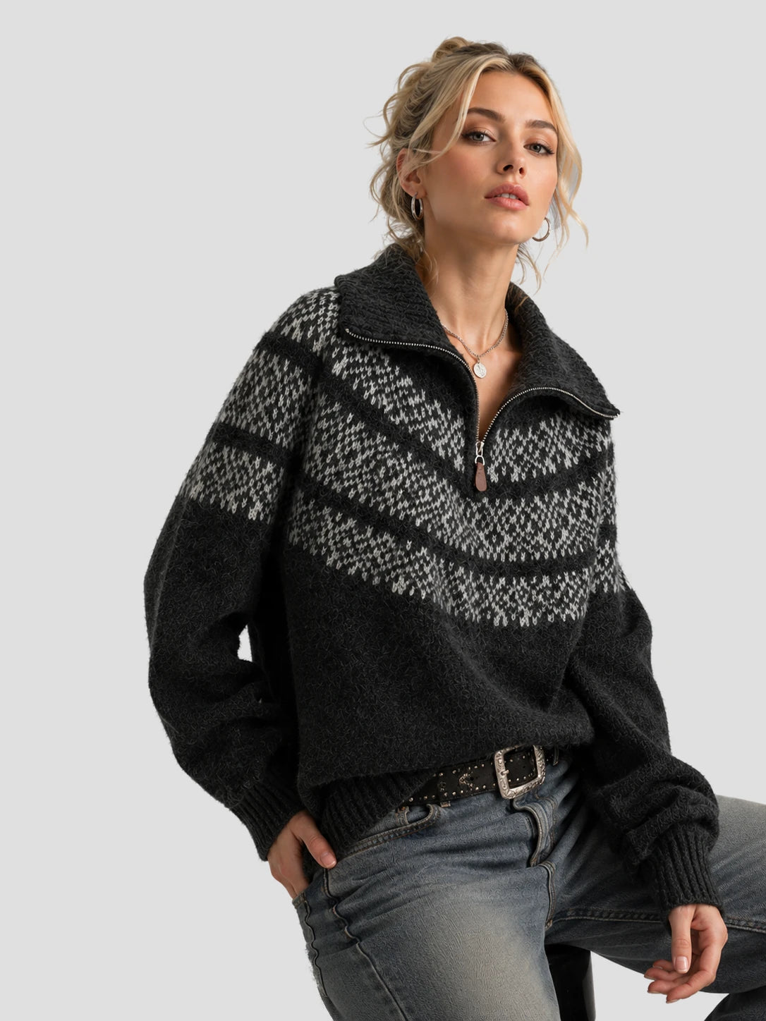 None Unit Fair Isle Half-zip Wool-blend Sweater in charcoal female model front view