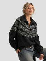 None Unit Fair Isle Half-zip Wool-blend Sweater in charcoal female model front view