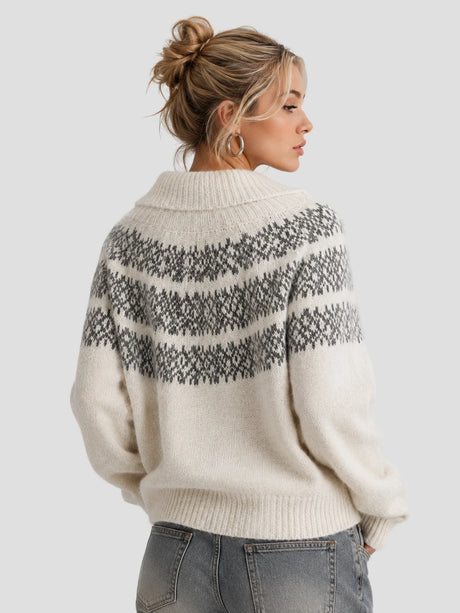 None Unit Fair Isle Half-zip Wool-blend Sweater in ivory female model back view