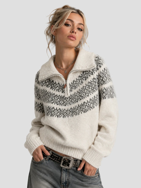 None Unit Fair Isle Half-zip Wool-blend Sweater in ivory female model front view
