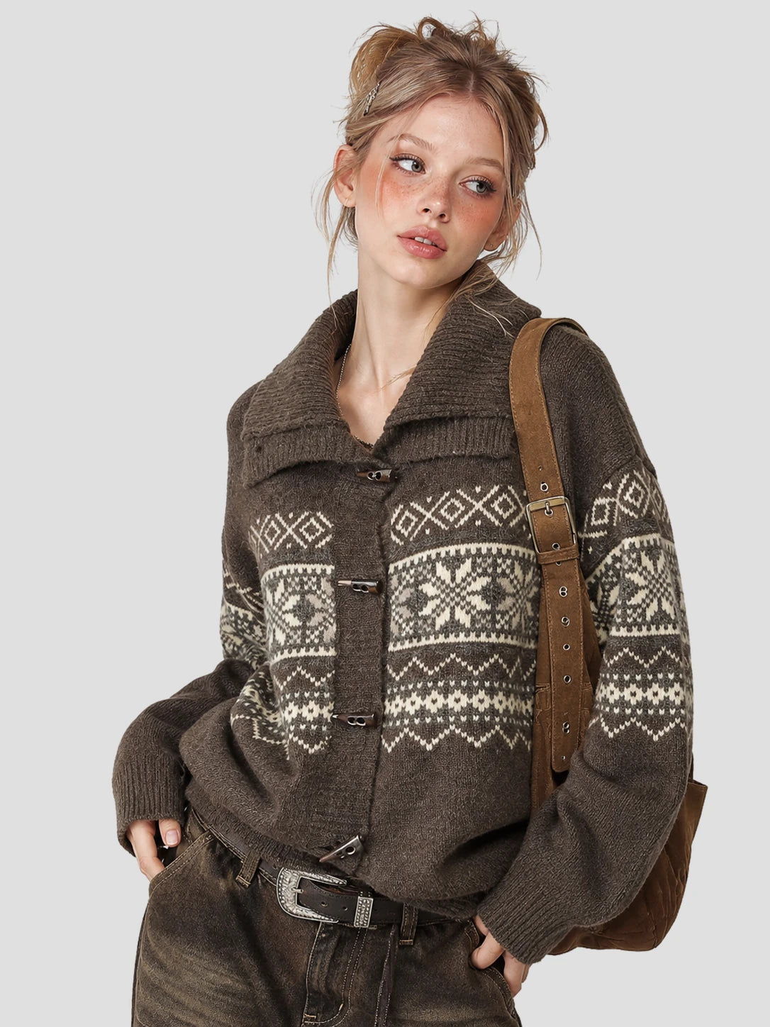 None Unit Fair Isle Toggle Cardigan in coffee female model front view