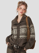 None Unit Fair Isle Toggle Cardigan in coffee female model front view