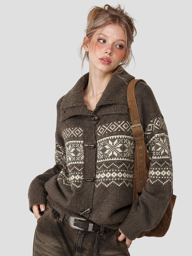 None Unit Fair Isle Toggle Cardigan in coffee female model front view