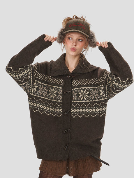 None Unit Fair Isle Toggle Cardigan in coffee female model full body view