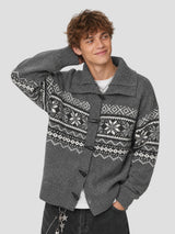 None Unit Fair Isle Toggle Cardigan in heather gray male model alternate front view