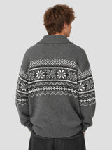 None Unit Fair Isle Toggle Cardigan in heather gray male model back view