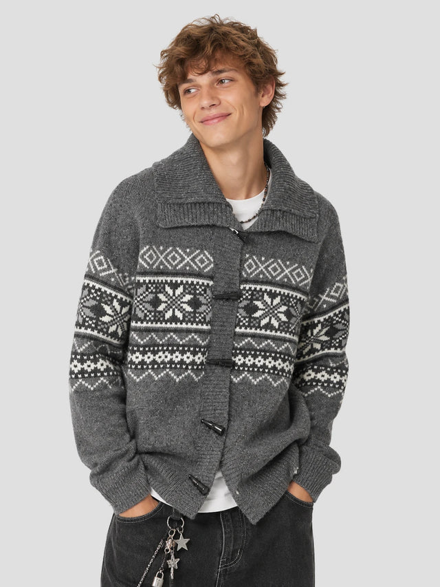None Unit Fair Isle Toggle Cardigan in heather gray male model front view