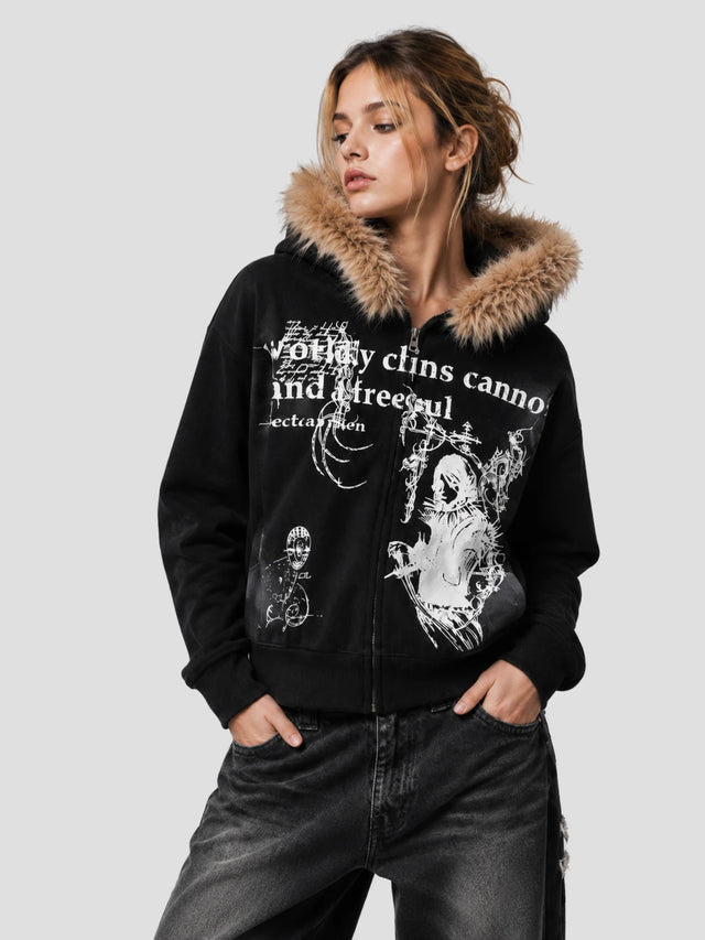 None Unit Fur-Trim Graphic Zip Hoodie in black model angle view