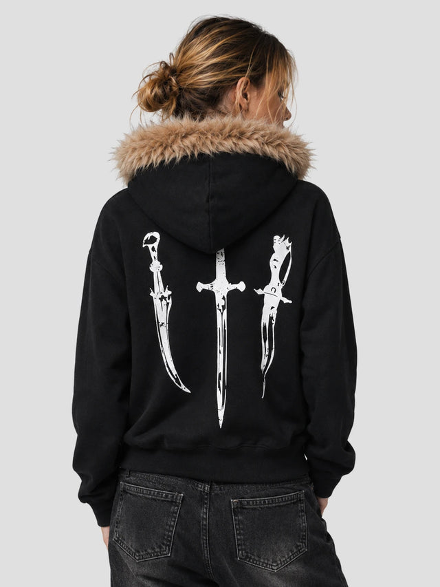 None Unit Fur-Trim Graphic Zip Hoodie in black model back view