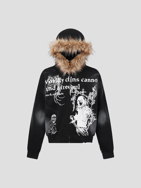 None Unit Fur-Trim Graphic Zip Hoodie in black product front view
