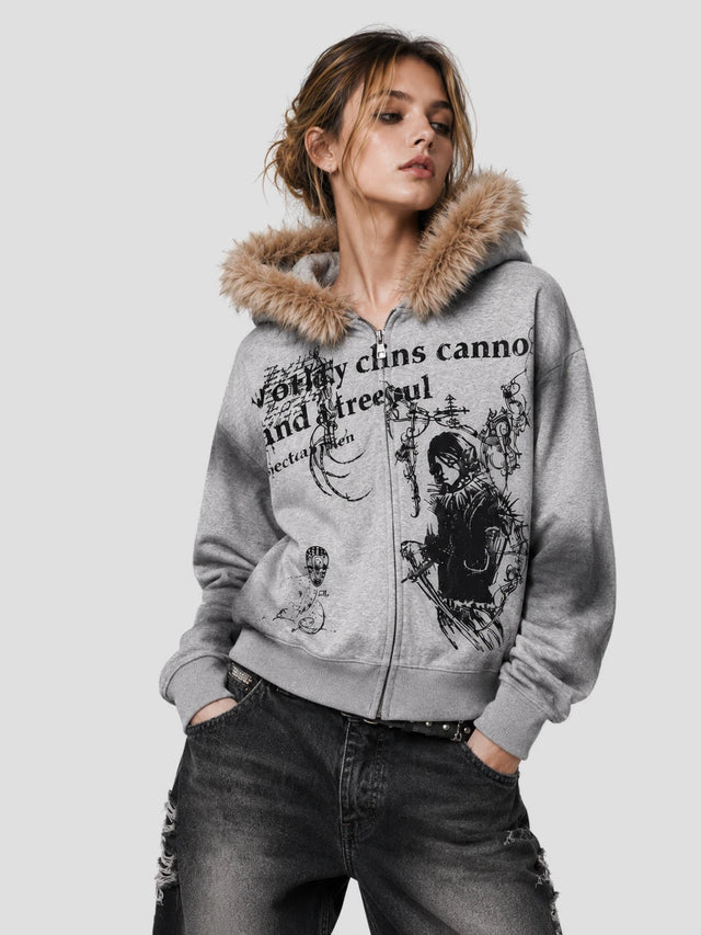 None Unit Fur-Trim Graphic Zip Hoodie in heather gray model front view