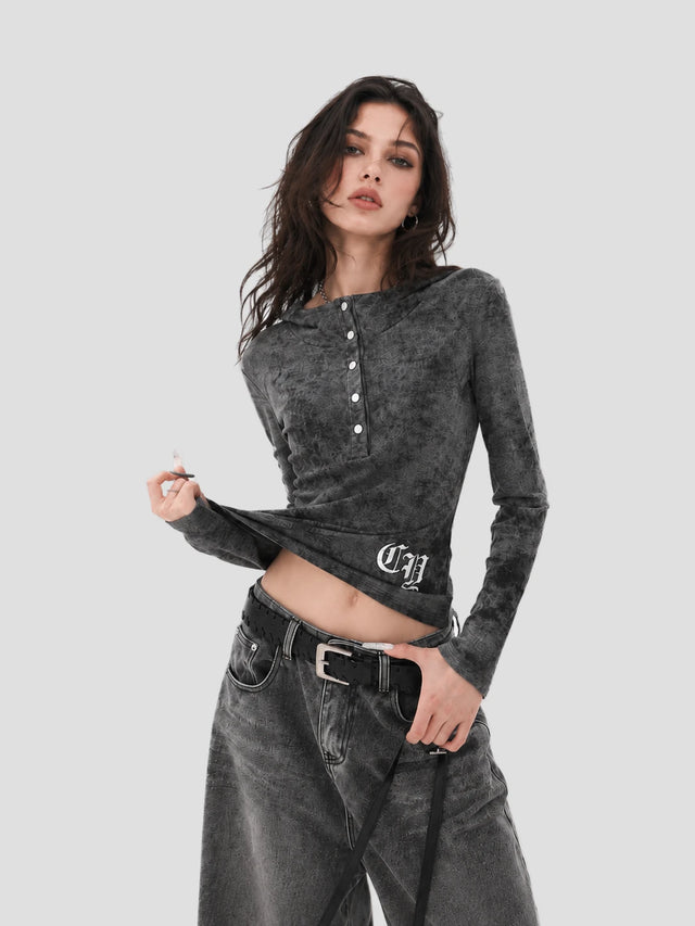 None Unit Ghost Script Hooded Henley Top in ash grey model detail view