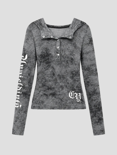 None Unit Ghost Script Hooded Henley Top in ash grey product front view