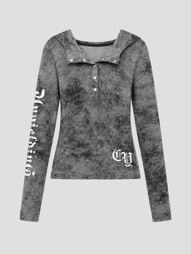 None Unit Ghost Script Hooded Henley Top in ash grey product front view