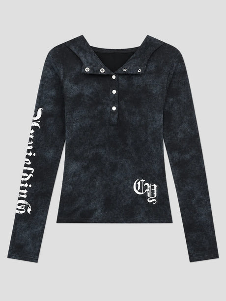 None Unit Ghost Script Hooded Henley Top in black product front view