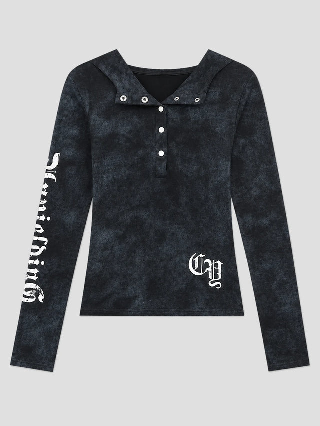 None Unit Ghost Script Hooded Henley Top in black product front view