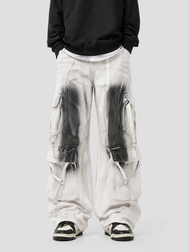 None Unit Ghost Wash Multi-Pocket Cargo Pants in white model front view