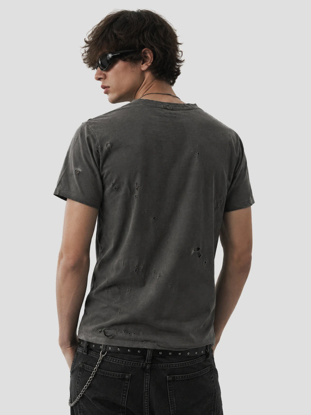 None Unit Gothic Cross Distressed Tee in washed gray model back view