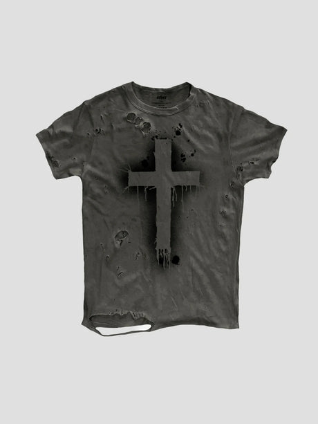 None Unit Gothic Cross Distressed Tee in washed gray product front view