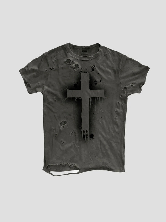 None Unit Gothic Cross Distressed Tee in washed gray product front view