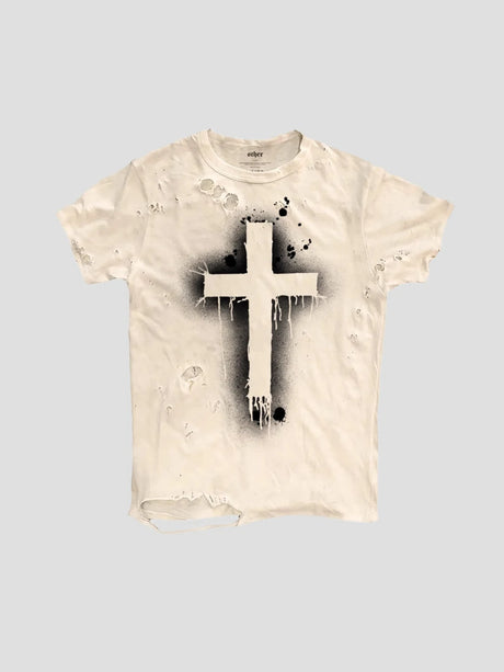 None Unit Gothic Cross Distressed Tee in white product front view