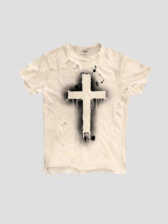 None Unit Gothic Cross Distressed Tee in white product front view