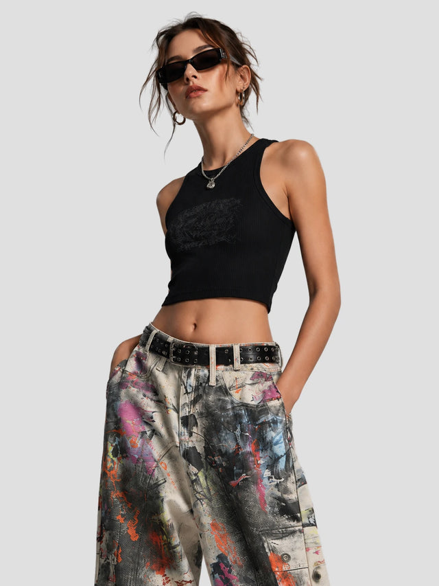 None Unit Graffiti Wash Wide-Leg Jeans in graffiti wash model detail view