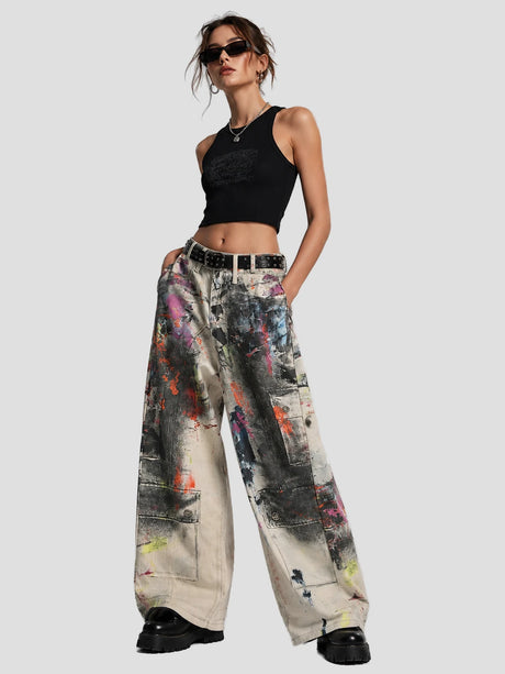 None Unit Graffiti Wash Wide-Leg Jeans in graffiti wash model front view