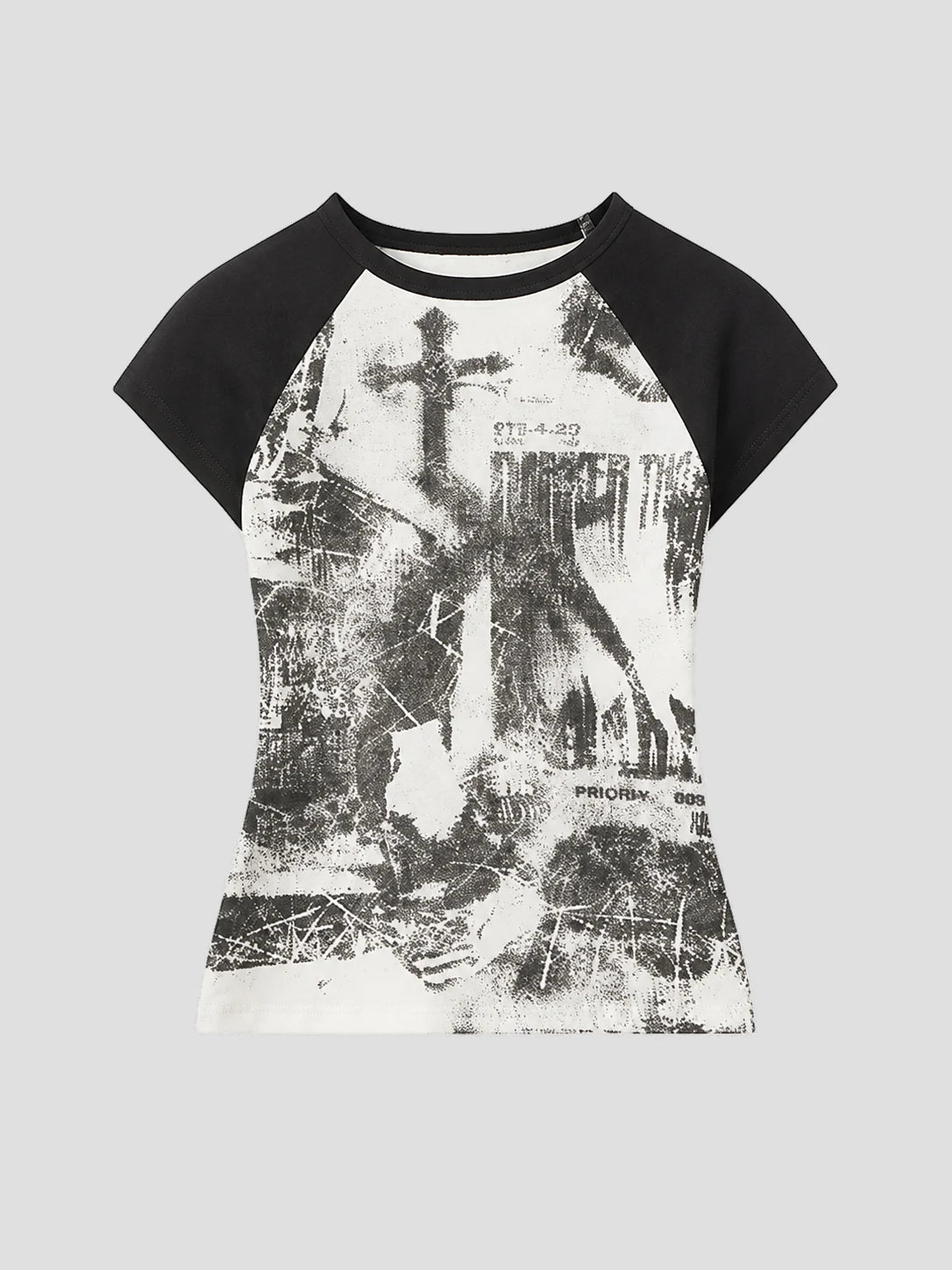 None Unit Grunge Cross Raglan Crop Tee in black product front view