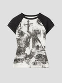 None Unit Grunge Cross Raglan Crop Tee in black product front view