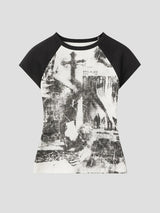 None Unit Grunge Cross Raglan Crop Tee in black product front view