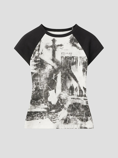 None Unit Grunge Cross Raglan Crop Tee in black product front view