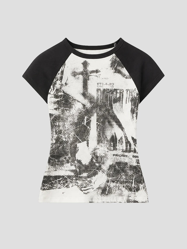 None Unit Grunge Cross Raglan Crop Tee in black product front view