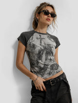 None Unit Grunge Cross Raglan Crop Tee in gray model front view