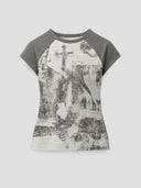 None Unit Grunge Cross Raglan Crop Tee in gray product front view