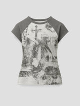 None Unit Grunge Cross Raglan Crop Tee in gray product front view