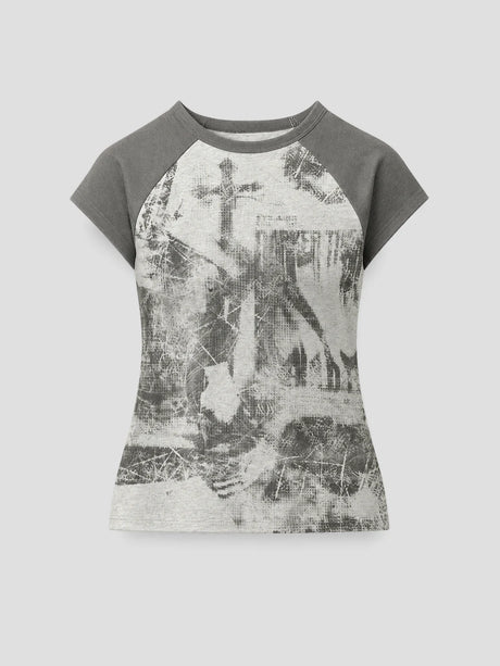 None Unit Grunge Cross Raglan Crop Tee in gray product front view