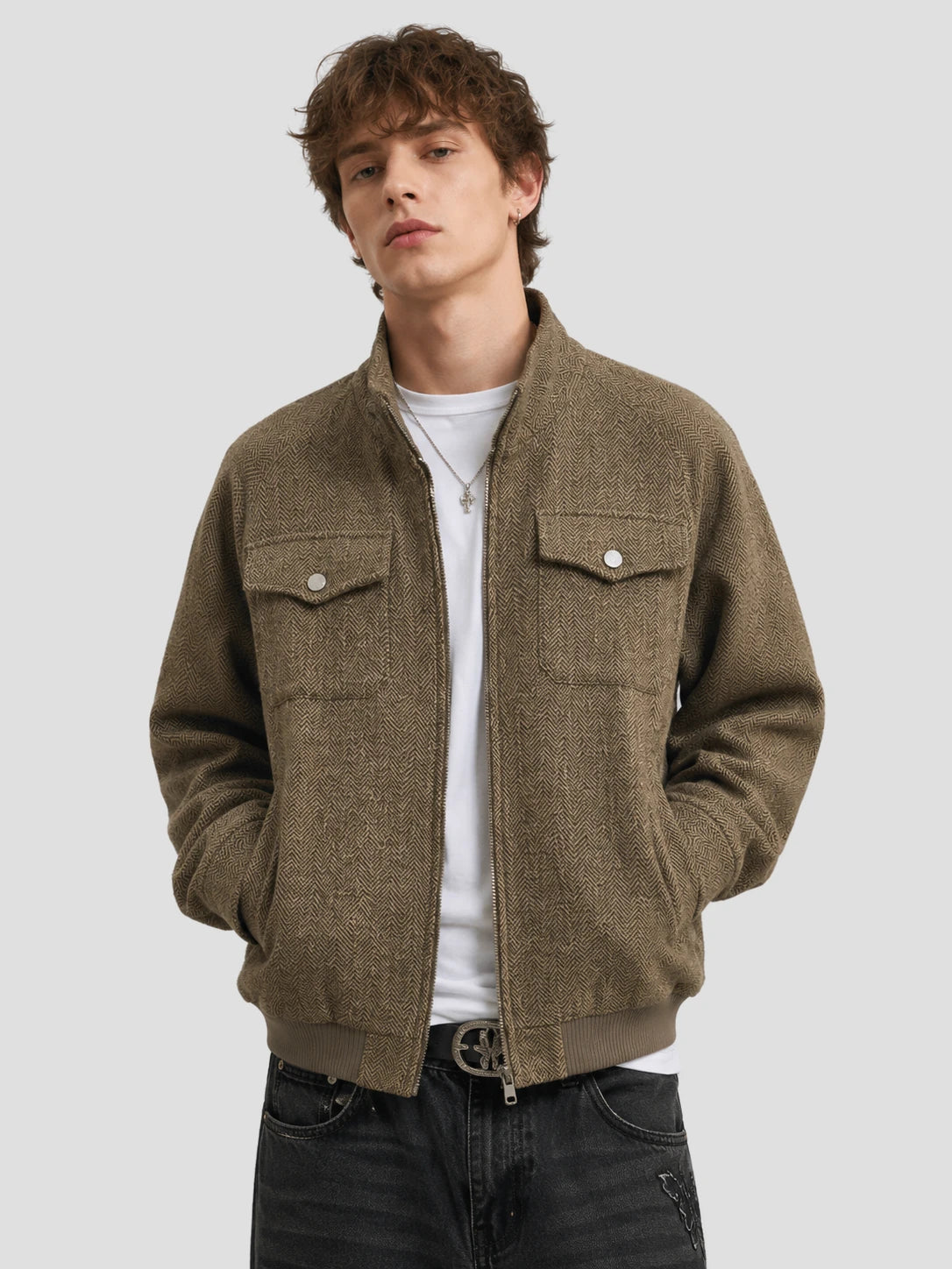 None Unit Herringbone Zip Work Jacket in khaki male model front view