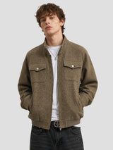 None Unit Herringbone Zip Work Jacket in khaki male model front view