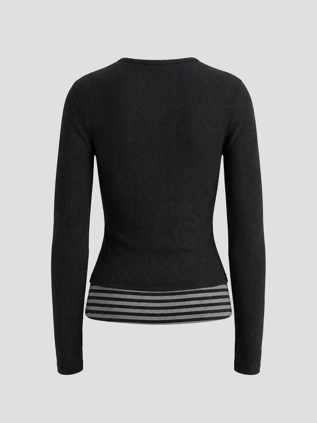 None Unit Layered Stripe Henley Long-sleeve Top in black product back view