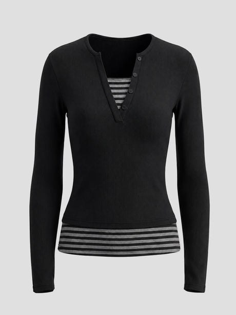 None Unit Layered Stripe Henley Long-sleeve Top in black product front view