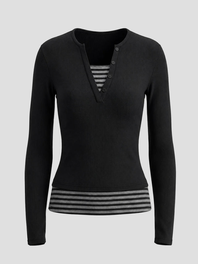 None Unit Layered Stripe Henley Long-sleeve Top in black product front view