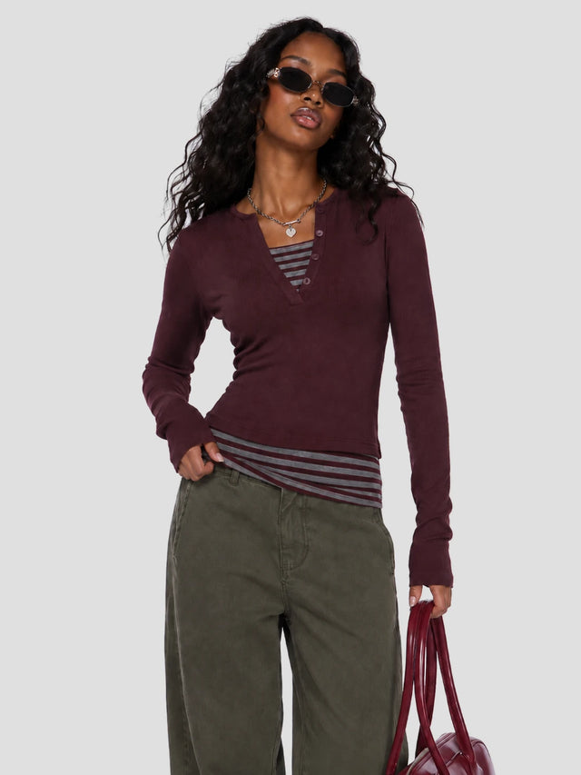 None Unit Layered Stripe Henley Long-sleeve Top in wine red female model alternate front view