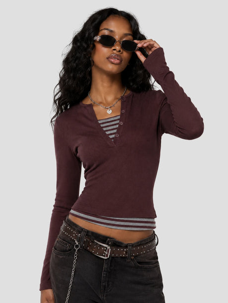 None Unit Layered Stripe Henley Long-sleeve Top in wine red female model front view