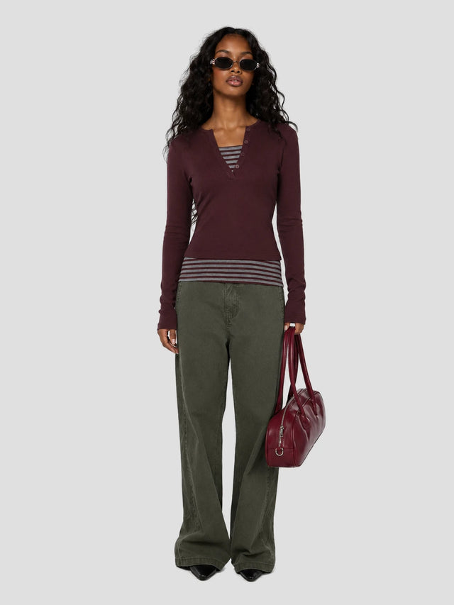 None Unit Layered Stripe Henley Long-sleeve Top in wine red female model full body view